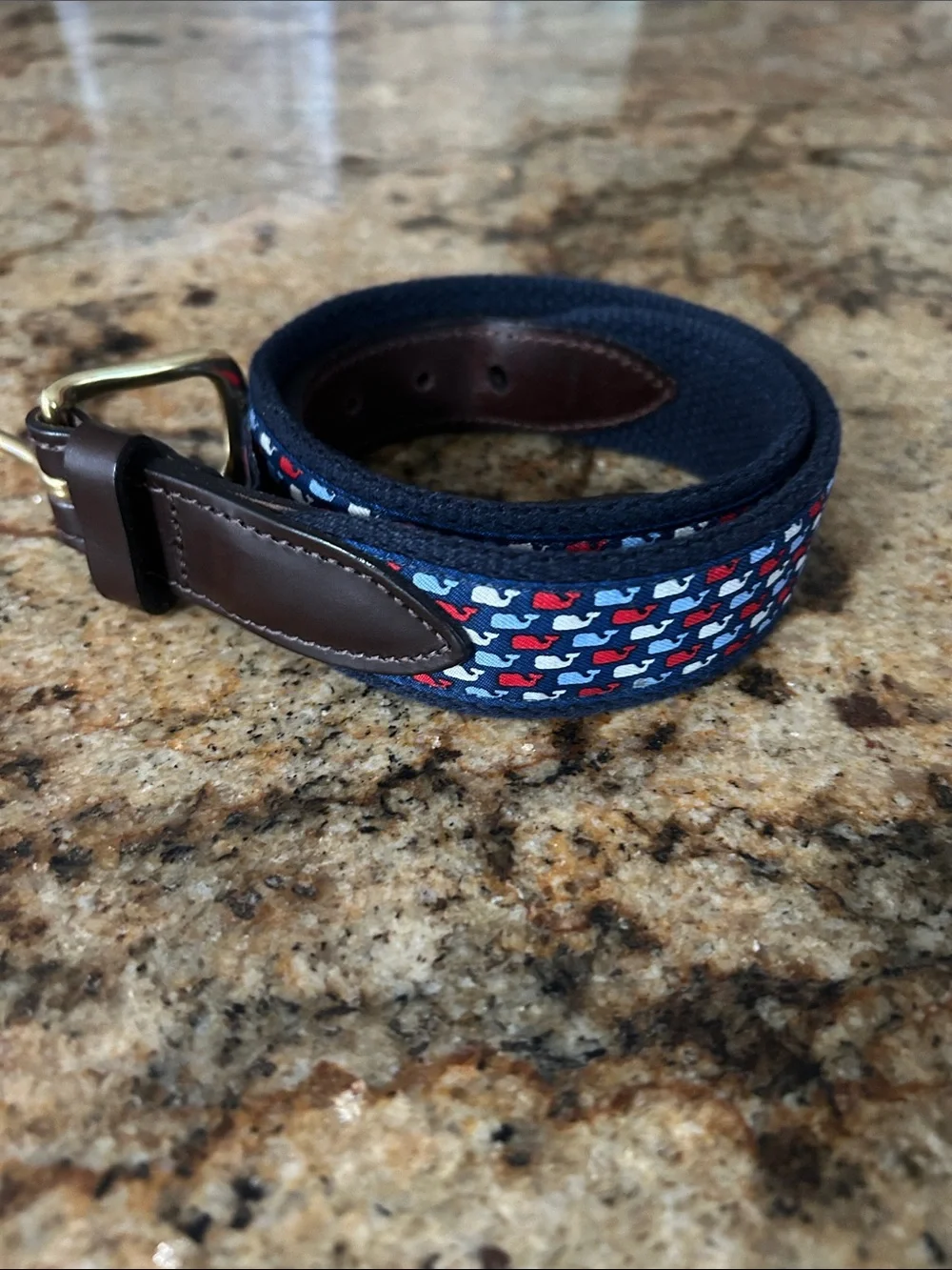 Vineyard Vines Navy Whale-Print Fabric Belt with Brown Leather Trim